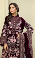 Velvet Embroidered Panel 1 For Front (0.4 MTR) Velvet Embroidered Panel 2 For Front (0.4 MTR) Plain Velvet Back (0.8 MTR) Velvet Embroidered Sleeves (0.66 MTR) Dyed Raw Silk Trouser (2.5 Yard) Velvet Embroidered Shawl (2.5 Yard) Velvet Embroidered Patti For Front (2 MTR) Velvet Embroidered Border For Front (0.8 MTR) Velvet Embroidered Border For Back (0.8 MTR) Velvet Embroidered Border For Sleeves (1 MTR)