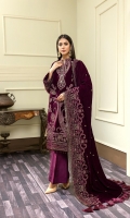 Embroidered Velvet Centre Panel For Front (0.33 MTR) Embroidered Velvet Side 1 Panel For Front (0.33 MTR) Embroidered Velvet Side 2 Panel For Front (0.33 MTR) Embroidered Velvet Sleeves (0.66 MTR) Plain Velvet Back (0.85 MTR) Dyed Raw Silk Trouser (2.5 Yard) Velvet Embroidered Shawl (2.5 Yard) Velvet Embroidered Border For Front (0.8 MTR) Velvet Embroidered Border For Back (0.8 MTR) Velvet Embroidered Border For Sleeves (1 MTR)