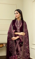 Embroidered Velvet Centre Panel For Front (0.33 MTR) Embroidered Velvet Side 1 Panel For Front (0.33 MTR) Embroidered Velvet Side 2 Panel For Front (0.33 MTR) Embroidered Velvet Sleeves (0.66 MTR) Plain Velvet Back (0.85 MTR) Dyed Raw Silk Trouser (2.5 Yard) Velvet Embroidered Shawl (2.5 Yard) Velvet Embroidered Border For Front (0.8 MTR) Velvet Embroidered Border For Back (0.8 MTR) Velvet Embroidered Border For Sleeves (1 MTR)
