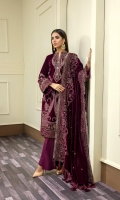 Embroidered Velvet Centre Panel For Front (0.33 MTR) Embroidered Velvet Side 1 Panel For Front (0.33 MTR) Embroidered Velvet Side 2 Panel For Front (0.33 MTR) Embroidered Velvet Sleeves (0.66 MTR) Plain Velvet Back (0.85 MTR) Dyed Raw Silk Trouser (2.5 Yard) Velvet Embroidered Shawl (2.5 Yard) Velvet Embroidered Border For Front (0.8 MTR) Velvet Embroidered Border For Back (0.8 MTR) Velvet Embroidered Border For Sleeves (1 MTR)