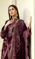 Embroidered Velvet Centre Panel For Front (0.33 MTR) Embroidered Velvet Side 1 Panel For Front (0.33 MTR) Embroidered Velvet Side 2 Panel For Front (0.33 MTR) Embroidered Velvet Sleeves (0.66 MTR) Plain Velvet Back (0.85 MTR) Dyed Raw Silk Trouser (2.5 Yard) Velvet Embroidered Shawl (2.5 Yard) Velvet Embroidered Border For Front (0.8 MTR) Velvet Embroidered Border For Back (0.8 MTR) Velvet Embroidered Border For Sleeves (1 MTR)