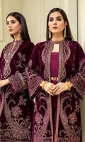 Embroidered Velvet Centre Panel For Front (0.33 MTR) Embroidered Velvet Side 1 Panel For Front (0.33 MTR) Embroidered Velvet Side 2 Panel For Front (0.33 MTR) Embroidered Velvet Sleeves (0.66 MTR) Plain Velvet Back (0.85 MTR) Dyed Raw Silk Trouser (2.5 Yard) Velvet Embroidered Shawl (2.5 Yard) Velvet Embroidered Border For Front (0.8 MTR) Velvet Embroidered Border For Back (0.8 MTR) Velvet Embroidered Border For Sleeves (1 MTR)