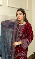 Velvet Embroidered Panel 1 For Front (0.4 MTR) Velvet Embroidered Panel 2 For Front (0.4 MTR) Plain Velvet Back (0.8 MTR) Velvet Embroidered Sleeves (0.66 MTR) Velvet Embroidered Trouser (2.5 Yard) Embroidered Net Dupatta (2.5 Yard) Velvet Embroidered Patti For Front (2 MTR) Velvet Embroidered Border For Front (0.8 MTR) Velvet Embroidered Border For Back (0.8 MTR) Velvet Embroidered Border For Sleeves (1 MTR)