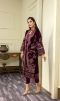 Embroidered Velvet Centre Panel For Front (0.33 MTR) Embroidered Velvet Side 1 Panel For Front (0.33 MTR) Embroidered Velvet Side 2 Panel For Front (0.33 MTR) Embroidered Velvet Sleeves (0.66 MTR) Plain Velvet Back (0.85 MTR) Dyed Raw Silk Trouser (2.5 Yard) Velvet Embroidered Shawl (2.5 Yard) Velvet Embroidered Border For Front (0.8 MTR) Velvet Embroidered Border For Back (0.8 MTR) Velvet Embroidered Border For Sleeves (1 MTR)