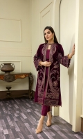 Embroidered Velvet Centre Panel For Front (0.33 MTR) Embroidered Velvet Side 1 Panel For Front (0.33 MTR) Embroidered Velvet Side 2 Panel For Front (0.33 MTR) Embroidered Velvet Sleeves (0.66 MTR) Plain Velvet Back (0.85 MTR) Dyed Raw Silk Trouser (2.5 Yard) Velvet Embroidered Shawl (2.5 Yard) Velvet Embroidered Border For Front (0.8 MTR) Velvet Embroidered Border For Back (0.8 MTR) Velvet Embroidered Border For Sleeves (1 MTR)