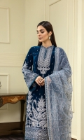 Velvet Embroidered Panel 1 For Front (0.4 MTR) Velvet Embroidered Panel 2 For Front (0.4 MTR) Plain Velvet Back (0.8 MTR) Velvet Embroidered Sleeves (0.66 MTR) Velvet Embroidered Trouser (2.5 Yard) Embroidered Net Dupatta (2.5 Yard) Velvet Embroidered Patti For Front (2 MTR) Velvet Embroidered Border For Front (0.8 MTR) Velvet Embroidered Border For Back (0.8 MTR) Velvet Embroidered Border For Sleeves (1 MTR)