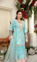 Schiffli Embroidered Lawn Front 1 MTR Embroidered Lawn Back 1.2 MTR Embroidered Lawn Sleeves 0.66 MTR Dyed Cotton Trouser 2.5 Yard Embroidered Net Dupatta 2.5 Yard Embroidered Border For Front 0.8 MTR Embroidered Border1 For Sleeves 1 MTR Embroidered Border2 For Sleeves 1 MTR Embroidered Border3 For Sleeves 1 MTR Embroidered Patti For Neck 1.2 MTR