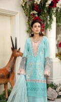 Schiffli Embroidered Lawn Front 1 MTR Embroidered Lawn Back 1.2 MTR Embroidered Lawn Sleeves 0.66 MTR Dyed Cotton Trouser 2.5 Yard Embroidered Net Dupatta 2.5 Yard Embroidered Border For Front 0.8 MTR Embroidered Border1 For Sleeves 1 MTR Embroidered Border2 For Sleeves 1 MTR Embroidered Border3 For Sleeves 1 MTR Embroidered Patti For Neck 1.2 MTR