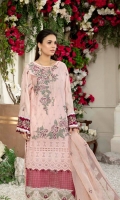 Schiffli Embroidered Lawn Front 1 MTR Embroidered Lawn Back 1.2 MTR Embroidered Lawn Sleeves 0.66 MTR Dyed Cotton Trouser 2.5 Yard Embroidered Cotton Net Dupatta 2.5 Yard Embroidered Motifs For Front 2 PC Embroidered Border For Front 0.8 MTR Embroidered Border For Sleeves 1 MTR