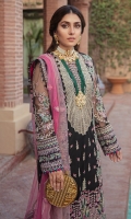 • EMBROIDERED POLY NET FRONT 0.75 YARD • EMBROIDERED POLY NET BACK 1.5 YARD • EMBROIDERED POLYNET SLEEVES 0.75 YARD • EMBROIDERED RAW SILK FRONT+BACK BDR 1 2 YARD • EMBROIDERED ORGANZA FRONT+BACK BDR 2 2 YARD • EMBROIDERED RAW SILK SLEEVES BDR 1 YARD • EMBROIDERED POLY NET DUPATTA 2.5 YARD • EMBROIDERED ORGANZA DUPATA+SLV BDR 9 YARD • EMBROIDERED ORGANZA NECK LINE 2 PC • EMBROIDERED ORGANZA TROUSER BDR 1 1.25 YARD • EMBROIDERED ORGANZA TROUSER BDR 2 1.25 YARD • EMBROIDERED ORGANZA BACK MOTIF 1 PC • RAW SILK TROUSER 2.5 YARD
