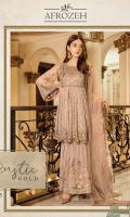 Embroidered Front (Upper Body Net): 01 pc  Embroidered Front & Back with Sequences ( Lower Body): 0.75 Yards  Embroidery Front & Back Flare Net: 3 Yards  Embroidered Dupatta: 2.5 Yards  Embroidered Sleeves: 0.75 Yards  Front & Back Embroidered Border: 3 Yards  Embroidered Shararah Lace: 1.5 Yards  Shararah Bottom With Embroidered Border: 2.5 Yards  Raw Silk Trouser: 3 Yards