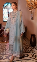 Front: (13 inches) center panel embroidered lawn. Front: (26 inches) side panels embroidered lawn Front panel side border: (3 meter) embroidered organza Back: (1 meter) embroidered lawn. Front/Back border: (2 meter) embroidered organza. Sleeves: (0.75 meter) embroidered lawn Sleeves border: (1 meter) embroidered organza Trouser: (2.5 meter) cotton. Trouser border: (1 meter) embroidered organza. Dupatta: (2.5 meter) cotton net Dupatta border: (2.5 yard) embroidered organza