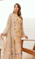 Front: 1 meter crinkle chiffon hand-made + embroided  Back: 1 meter crinkle chiffon plain  Sleeves: 0.75 meter crinkle chiffon embroided  Front patch: 1 meter organza hand work + embroided  Back patch: 1 meter organza embroided  1- Front/Back border: 2 meter organza embroided  2- Front/Back border: 2 meter organza embroided  Sleeves border: 1 meter organza embroided  Dupatta: 2.5 meter organza embroided  Trouser: 2.5 meter grip