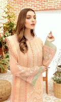 Front: 1 meter crinkle chiffon embroided  Back: 1 meter crinkle chiffon plain  Sleeves: 0.75 meter crinkle chiffon embroided  Front/Back border: 4 meter grip embroided (2 options)  Sleeves border: 2 meter grip embroided (2 options)  Dupatta: 2.5 meter zari organza embroided  Trouser: 2.5 meter grip