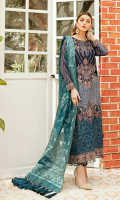 Front: 1 meter crinkle chiffon embroided  Back: 1 meter crinkle chiffon embroided  Sleeves: 0.75 meter crinkle chiffon embroided  Front/ Back border: 2 meter organza embroided  Front/ Back patch: 2 meter organza embroided  Sleeves border: 1 meter organza embroided  Dupatta: 2.5 meter Jamawar  Trouser: 2.5 meter grip