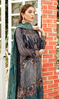 Front: 1 meter crinkle chiffon embroided  Back: 1 meter crinkle chiffon embroided  Sleeves: 0.75 meter crinkle chiffon embroided  Front/ Back border: 2 meter organza embroided  Front/ Back patch: 2 meter organza embroided  Sleeves border: 1 meter organza embroided  Dupatta: 2.5 meter Jamawar  Trouser: 2.5 meter grip