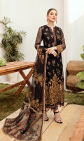 Front: 1 meter crinkle chiffon embroided  Back: 1 meter crinkle chiffon embroided  Sleeves: 0.75 crinkle chiffon embroided  Front/ back patch: 0.75 meter organza embroided (quantity-2)  Sleeves border: 1 meter organza embroided  Shirt border: 2 meter organza embroided  Neck border: 1 meter organza embroided  Dupatta: 2.5 meter net embroided  dupatta border : net (2 sided) embroided  Trouser: 2.5 meter grip