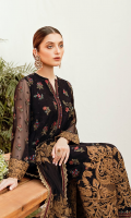Front: 1 meter crinkle chiffon embroided  Back: 1 meter crinkle chiffon embroided  Sleeves: 0.75 crinkle chiffon embroided  Front/ back patch: 0.75 meter organza embroided (quantity-2)  Sleeves border: 1 meter organza embroided  Shirt border: 2 meter organza embroided  Neck border: 1 meter organza embroided  Dupatta: 2.5 meter net embroided  dupatta border : net (2 sided) embroided  Trouser: 2.5 meter grip