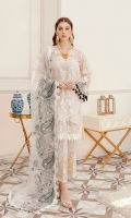Embroidered Shirt Front 1 Meter on organza  Embroidered Shirt Back 1 Meter on organza  Embroidered Sleeves 0.75 meter on organza  Embroidered Dupatta 2.5 yard on organza  2 Embroidered Front and back Patch patches 2 meter on Organza  Embroidered Trouser patch 1.25 meter on organza    Trouser 2.5-yard raw silk
