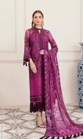 Embroidered Shirt Front 1 meter on chiffon  Embroidered Shirt Back 1 meter on chiffon  Embroidered Sleeves 0.75 meter on chiffon  Embroidered Front and back neck Patch 3.25 meter on organza  Embroidered Front and back Patch 2 meter on chiffon  Trouser 2.5-yard raw silk  Embroidered Dupatta 2.5 yard on chiffon  