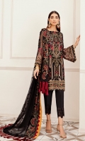 Embroidered Shirt Front 1 meter on chiffon          Embroidered Shirt Back 1 meter on chiffon  Embroidered Sleeves 0.75 meter on chiffon  Embroidered Dupatta 2.5 yard on chiffon  Embroidered trouser patch 1 yard on organza  Trouser 2.5-yard raw silk