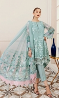 Embroidered Shirt Front 1.25 meter on chiffon   Embroidered Shirt Back 1.25 meter on chiffon  Embroidered Sleeves 0.75 meter on chiffon  Embroidered Front and back border 2.5-meter organza  Embroidered Front and back border 2.5-meter organza  Embroidered Dupatta 3 yard embroidery chiffon  Embroidered Dupatta patch 2.5 yard embroidery organza      Trouser 2.5-yard raw silk   