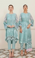 Embroidered Shirt Front 1.25 meter on chiffon   Embroidered Shirt Back 1.25 meter on chiffon  Embroidered Sleeves 0.75 meter on chiffon  Embroidered Front and back border 2.5-meter organza  Embroidered Front and back border 2.5-meter organza  Embroidered Dupatta 3 yard embroidery chiffon  Embroidered Dupatta patch 2.5 yard embroidery organza      Trouser 2.5-yard raw silk   