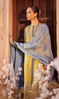 Embroidered Lawn Front: (0.75 yard) Embroidered Lawn Back: (1.5 yard) Embroidered Lawn Front Body: (1 piece) Embroidered Lawn Back Body: (1 piece) Embroidered Raw Silk Border for Front/Back: (2 meter) Embroidered Raw Silk Border for Front 2: (3.5 yards) Embroidered Lawn Sleeves: (0.75 meter) Embroidered Raw Silk Border for Sleeves: (1 meter) Embroidered Organza Dupatta: (3 yards) Embroidered Border for Dupatta: (2 meter) Cotton Trousers: (2.5 yard)