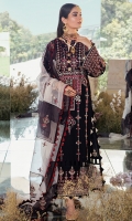 Lawn Front: (1 meter) Embroidered Lawn Back: (1 meter) Embroidered Lawn Sleeves: (0.75 meter) Embroidered Organza Border for Front/Back/Sleeves: (3 meter) Embroidered Organza Dupatta: (3 meter) Cotton Trousers: (2.5 yard)