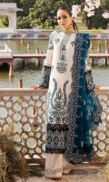 Embroidered Lawn Front: (1 meter) Embroidered Lawn Back: (1 meter) Embroidered Lawn Sleeves: (0.75 meter) Embroidered Raw Silk Border for Front/Back/Sleeves: (3 meter) Embroidered Net Dupatta: (3 yards) Embroidered Net Border for Dupatta: (2.5 meter) Cotton Trousers: (2.5 yard)