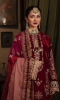 Embroidered Velvet Front (1 Meter) Embroidered Velvet Back (1 Meter) Embroidered Velvet Sleeves (0.66 Meter) Embroidered Velvet Front + Back Borders (2 Meter) Embroidered Velvet Dupatta Borders (8 Meter) Embroidered Organza Dupatta 1 (3 Yards) Embroidered Organza Dupatta 2 (3 Yards) Embroidered Organza Dupatta 3 (3 Yards) Jamawar Trouser (2.5 Yards)