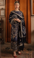 Embroidered RAW SILK Front (1 Meter) Embroidered RAW SILK Back (1 Meter) Embroidered RAW SILK Sleeves (0.66 Meter) Embroidered RAW SILK  NECK LINE (1 PC) Embroidered VELVET DUPATA (3 yards) Embroidered VELVET Front + BACK + Sleeves Borders (3 Meter) Embroidered RAW SILK TROUSR Borders (2.5 yards)