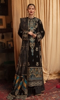 Embroidered Velvet Front (1 Meter) Embroidered Velvet Back (1 Meter) Embroidered Velvet Sleeves (0.66 Meter) Embroidered Velvet Front + Back borders (2 Meter) Embroidered Velvet Front + Back borders 2 (2 Meter) Embroidered Velvet Sleeves borders (1 Meter) Velvet Dupatta Pallu (2 PC) Embroidered Velvet Dupatta Pallu borders (2 Meter) Embroidered Organza Dupatta (2 Yards) Raw Silk Trouser (2.5 Yards)