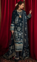 Embroidered Velvet Front (1 Meter) Embroidered Velvet Back (1 Meter) Embroidered Velvet Sleeves (0.66 Meter) Embroidered Velvet Front + Back borders (2 Meter) Embroidered Velvet Sleeves borders (1 Meter) Embroidered Velvet Dupatta borders (2 PC) Embroidered Organza Dupatta (2.5 Yards) Embroidered Viscose Dupatta Pallu borders (2 Meter) Raw Silk Trouser (2.5 Yards)