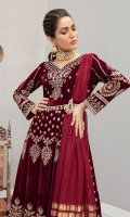 Front Yoke: 0.75 Meter - Embroidered Back Yoke: 0.75 Meter - Embroidered FRONT PANELS QUANTITY: 7 - Velvet - Embroidered BACK PANELS QUANTITY: 7 - Velvet - Embroidered SLEEVES: 0.75 Meter Velvet - Embroidered FRONT BACK BORDER: 4 Meter velvet - Embroidered SLEEVES BORDER: 2 Meter velvet - Embroidered DUPATTA ZARI: 2.5 Meter DUPATTA Border:2.5 Meter velvet TROUSER'S: Raw silk - 2.5 meter TROUSER'S BORDER: 1 Meter velvet