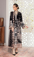 FRONT: 1.5 Meter Velvet - Embroidered BACK: 1.5 Meter Crinkle Chiffon - Embroidered SLEEVES: 0.75 Meter Velvet- Embroidered FRONT/ BACK BORDER: 2 Meter Organza - Embroidered FRONT/ BACK/ SLEEVES BORDER: 3 Meter Velvet - Embroidered DUPATTA: 2.5 Meter Net - Embroidered SLEEVES/ DUPATTA BORDER: 3.5 Meter Organza - Embroidered TROUSER: 2.5 Meter Raw Silk