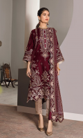 FRONT: 1 Meter velvet - Embroidered BACK: 1 Meter velvet - Embroidered SLEEVES: 0.75 Meter velvet - Embroidered FRONT/ BACK PATTI: 2 Meter velvet - Embroidered SLEEVES BORDER: 1 Meter velvet - Embroidered DUPATTA: 2.5 Meter Net - Embroidered DUPATTA BORDER: 8 Meter velvet - Embroidered TROUSER: 2.5 Meter - Jamawar