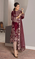 FRONT: 1 Meter velvet - Embroidered BACK: 1 Meter velvet - Embroidered SLEEVES: 0.75 Meter velvet - Embroidered FRONT/ BACK PATTI: 2 Meter velvet - Embroidered SLEEVES BORDER: 1 Meter velvet - Embroidered DUPATTA: 2.5 Meter Net - Embroidered DUPATTA BORDER: 8 Meter velvet - Embroidered TROUSER: 2.5 Meter - Jamawar