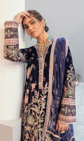 FRONT: 1 Meter velvet - Embroidered BACK: 1 Meter velvet - Embroidered NECKLINE: 1 Meter SLEEVES: 0.75 Meter velvet - Embroidered FRONT/ BACK BORDER OPTION 1: 2 Meter velvet - Embroidered FRONT/ BACK BORDER OPTION 2: 2 Meter velvet - Embroidered SLEEVES BORDER: 1 Meter velvet - Embroidered DUPATTA: 2 Meter Net - Embroidered DUPATTA BORDER: 1.25 Meter Organza - Embroidered TROUSER'S BORDER: 1 Meter velvet - Embroidered TROUSER: 2.5 Meter Raw Silk
