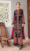FRONT BACK YOKE: 0.75 velvet - Embroidered RIGHT PANEL: 13 Inch velvet LEFT PANEL: 13 Inch velvet BACK: 1 Meter velvet - Embroidered SLEEVES: 0.75 Meter velvet - Embroidered FRONT BORDER OPTION 1: 1 Meter Organza - Embroidered FRONT/ BACK BORDER OPTION 2: 2 Meter velvet - Embroidered FRONT/ BACK BORDER OPTION 3: 2 Meter velvet - Embroidered FRONT GOWN BORDER: 3 Meter velvet - Embroidered SLEEVES BORDER OPTION 1: 1 Meter Organza - Embroidered SLEEVES BORDER OPTION 2: 1 Meter Organza - Embroidered SLEEVES BORDER OPTION 3: 1 Meter Organza - Embroidered DUPATTA: 2.5 Meter Net - Embroidered DUPATTA BORDER: 5 Meter velvet - Embroidered TROUSER: 2.5 Meter Raw Silk - Block Print