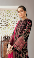 FRONT BACK YOKE: 0.75 velvet - Embroidered RIGHT PANEL: 13 Inch velvet LEFT PANEL: 13 Inch velvet BACK: 1 Meter velvet - Embroidered SLEEVES: 0.75 Meter velvet - Embroidered FRONT BORDER OPTION 1: 1 Meter Organza - Embroidered FRONT/ BACK BORDER OPTION 2: 2 Meter velvet - Embroidered FRONT/ BACK BORDER OPTION 3: 2 Meter velvet - Embroidered FRONT GOWN BORDER: 3 Meter velvet - Embroidered SLEEVES BORDER OPTION 1: 1 Meter Organza - Embroidered SLEEVES BORDER OPTION 2: 1 Meter Organza - Embroidered SLEEVES BORDER OPTION 3: 1 Meter Organza - Embroidered DUPATTA: 2.5 Meter Net - Embroidered DUPATTA BORDER: 5 Meter velvet - Embroidered TROUSER: 2.5 Meter Raw Silk - Block Print