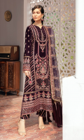 FRONT PANEL: 13 Inch velvet - Embroidered BACK: 1 Meter velvet - Embroidered RIGHT PANEL: 13 Inch velvet -Embroidered LEFT PANEL: 13 Inch velvet -Embroidered SLEEVES: 0.75 Meter velvet - Embroidered FRONT/ BACK BORDER OPTION 1: 2 Meter velvet - Embroidered FRONT/ BACK BORDER OPTION 2: 2 Meter velvet -Embroidered FRONT OPEN GOWN BORDER: 2.5 Meter velvet SLEEVES BORDER OPTION 1: 1 Meter velvet - Embroidered SLEEVES BORDER OPTION 2: 1 Meter velvet - Embroidered DUPATTA: 2.5 Meter Organza - Embroidered DUPATTA BORDER: 2.5 Meter Organza - Embroidered TROUSER'S BORDER: 1 Meter velvet TROUSER: 2.5 Meter Raw Silk - Block Print