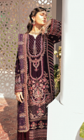 FRONT PANEL: 13 Inch velvet - Embroidered BACK: 1 Meter velvet - Embroidered RIGHT PANEL: 13 Inch velvet -Embroidered LEFT PANEL: 13 Inch velvet -Embroidered SLEEVES: 0.75 Meter velvet - Embroidered FRONT/ BACK BORDER OPTION 1: 2 Meter velvet - Embroidered FRONT/ BACK BORDER OPTION 2: 2 Meter velvet -Embroidered FRONT OPEN GOWN BORDER: 2.5 Meter velvet SLEEVES BORDER OPTION 1: 1 Meter velvet - Embroidered SLEEVES BORDER OPTION 2: 1 Meter velvet - Embroidered DUPATTA: 2.5 Meter Organza - Embroidered DUPATTA BORDER: 2.5 Meter Organza - Embroidered TROUSER'S BORDER: 1 Meter velvet TROUSER: 2.5 Meter Raw Silk - Block Print