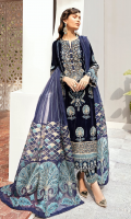 FRONT: 1 Meter velvet - Embroidered+Hand work BACK: 1 Meter velvet - Embroidered SLEEVES: 0.75 Meter velvet - Embroidered FRONT/ BACK BORDER OPTION 1: 2 Meter velvet - Embroidered+Hand work FRONT/ BACK BORDER OPTION 2: 2 Meter velvet - Embroidered SLEEVES BORDER OPTION 1: 1 Meter velvet - Embroidered SLEEVES BORDER OPTION 2: 1 Meter velvet - Embroidered DUPATTA: 1.5 Meter Organza - Embroidered DUPATTA BORDER: 2.5 Meter Organza - Embroidered TROUSER'S BORDER: 1 Meter velvet - Embroidered TROUSER: 2.5 Meter Raw Silk - Block Print