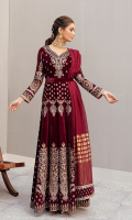 Front Yoke: 0.75 Meter - Embroidered Back Yoke: 0.75 Meter - Embroidered FRONT PANELS QUANTITY: 7 - Velvet - Embroidered BACK PANELS QUANTITY: 7 - Velvet - Embroidered SLEEVES: 0.75 Meter Velvet - Embroidered FRONT BACK BORDER: 4 Meter velvet - Embroidered SLEEVES BORDER: 2 Meter velvet - Embroidered DUPATTA ZARI: 2.5 Meter DUPATTA Border:2.5 Meter velvet TROUSER'S: Raw silk - 2.5 meter TROUSER'S BORDER: 1 Meter velvet