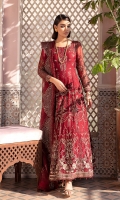 Front: (0.75 yard) crinkle chiffon embroidered body Back: (0.75 yard) crinkle chiffon embroidered body Front/Back kalli: (13’’ inches) embroidered chiffon kali (14 pieces) Front/Back border: (4.5 meter) embroidered raw silk Sleeves: (0.75 yard) crinkle chiffon embroidered Sleeves border: (1 meter) embroidered raw silk Dupatta: (2.5 yard) embroidered net Trouser: (2.5 yard) raw silk