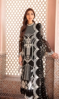 Front: (1 meter) crinkle chiffon embroidered Back: (1 meter) crinkle chiffon embroidered Front/Back border: (2 meter) embroidered organza Sleeves: (0.75 yard) crinkle chiffon embroidered Sleeves border: (1 meter) embroidered organza Dupatta: (2.5 yard) embroidered) crinkle chiffon Trouser: (2.5 yard) raw silk Trouser Border: (1 meter) embroidered organza
