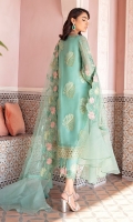 Front: (1 meter) crinkle chiffon embroidered Back: (1 meter) crinkle chiffon embroidered Front/Back border: (2 meter) embroidered organza Neckline: 1 piece embroidered patch Sleeves: (0.75 yard) crinkle chiffon embroidered Sleeves border: (1 meter) embroidered organza Dupatta: (2.5 yard) embroidered net Trouser: (2.5 yard) raw silk  Trouser Border: (1 meter) embroidered organza