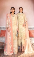 Front: (1 meter) crinkle chiffon embroidered Back: (1 meter) crinkle chiffon embroidered 1: Front/Back border: (2 meter) embroidered organza 2: Front/Back border: (2 meter) embroidered organza Sleeves: (0.75 yard) crinkle chiffon embroidered Sleeves border: (1 meter) embroidered organza Dupatta: (2.5 yard) embroidered crinkle chiffon Dupatta border: (2.5 yard) embroidered organza border Trouser: (2.5 yard) raw silk Trouser Border: (1 meter) embroidered organza