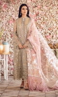 FRONT: 1 Meter Crinkle Chiffon - Embroided  BACK: 1 Meter Crinkle Chiffon - Embroided  SLEEVES: 0.75 Meter Crinkle Chiffon - Embroided  FRONT OPEN GOWN BORDER: 2.5 Meter Organza - Embroided  FRONT/ BACK BORDER: 2 Meter Organza  FRONT/ BACK BORDER: 2 Meter Organza - Embroided  SLEEVES/ TROUSER BORDER: 2 Meter Organza - Embroided  DUPATTA: 2.5 Meter Organza - Foil Print  TROUSER: 2.5 Meter Raw Silk